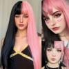 ORAVISTA Half Grey Half Black Long Straight Synthetic Wigs for Women with Bangs Natural Look Heat Resistant Halloween Cosplay (Black Pink) view 2