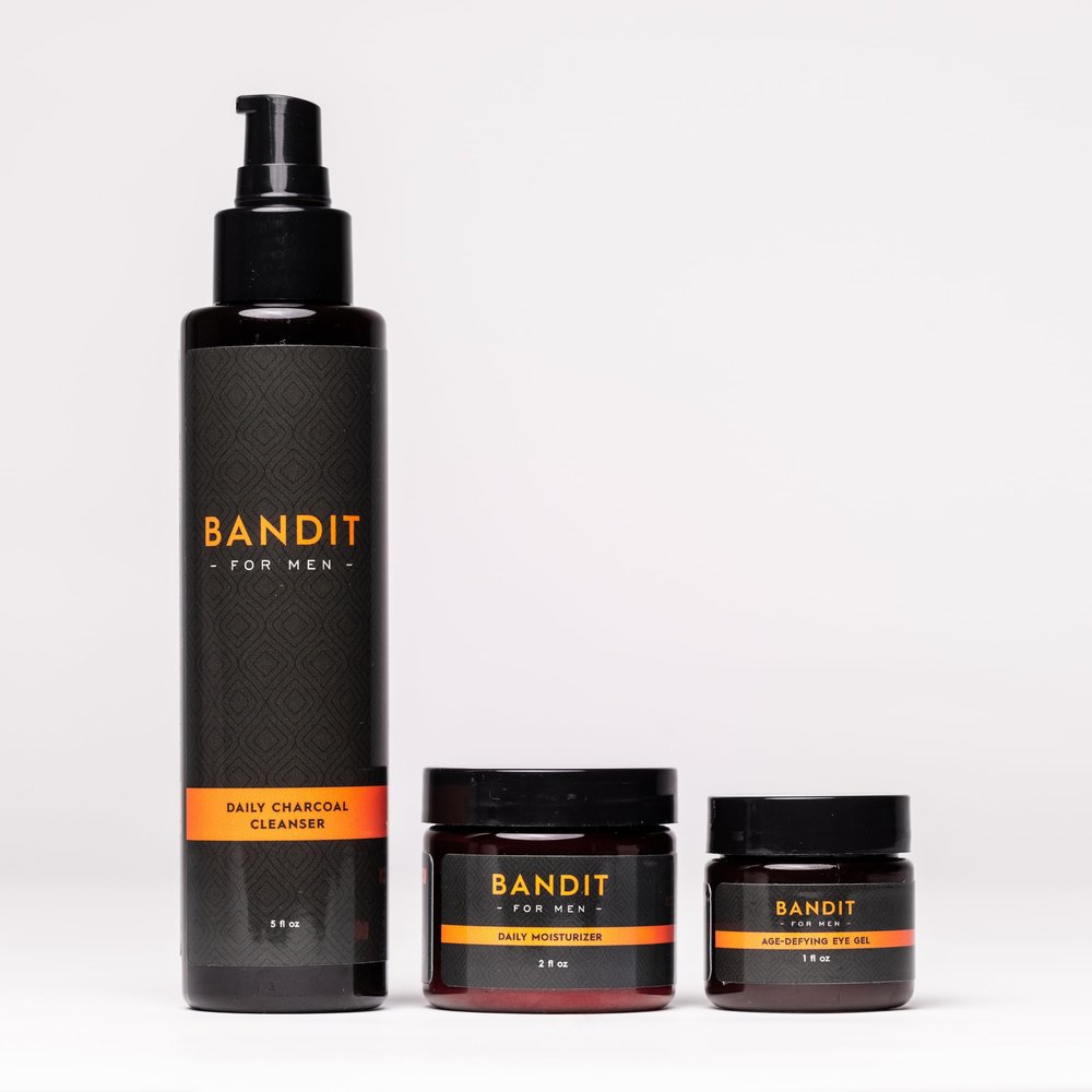 Bandit Skincare Routine for Men 3-Step Daily Set with Charcoal Cleanser, Peptide Moisturizer & Eye Gel Natural Anti-Aging Skincare