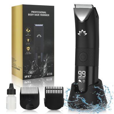 Qreeyx Manscape Trimmer for Men - Electric Body Hair Trimmer with Light, IPX7 Waterproof Electric Razor for Balls/Pubic/Groin/Legs/Chest Hair Removal, Lightweight with LED Display, Gifts for Him Dad