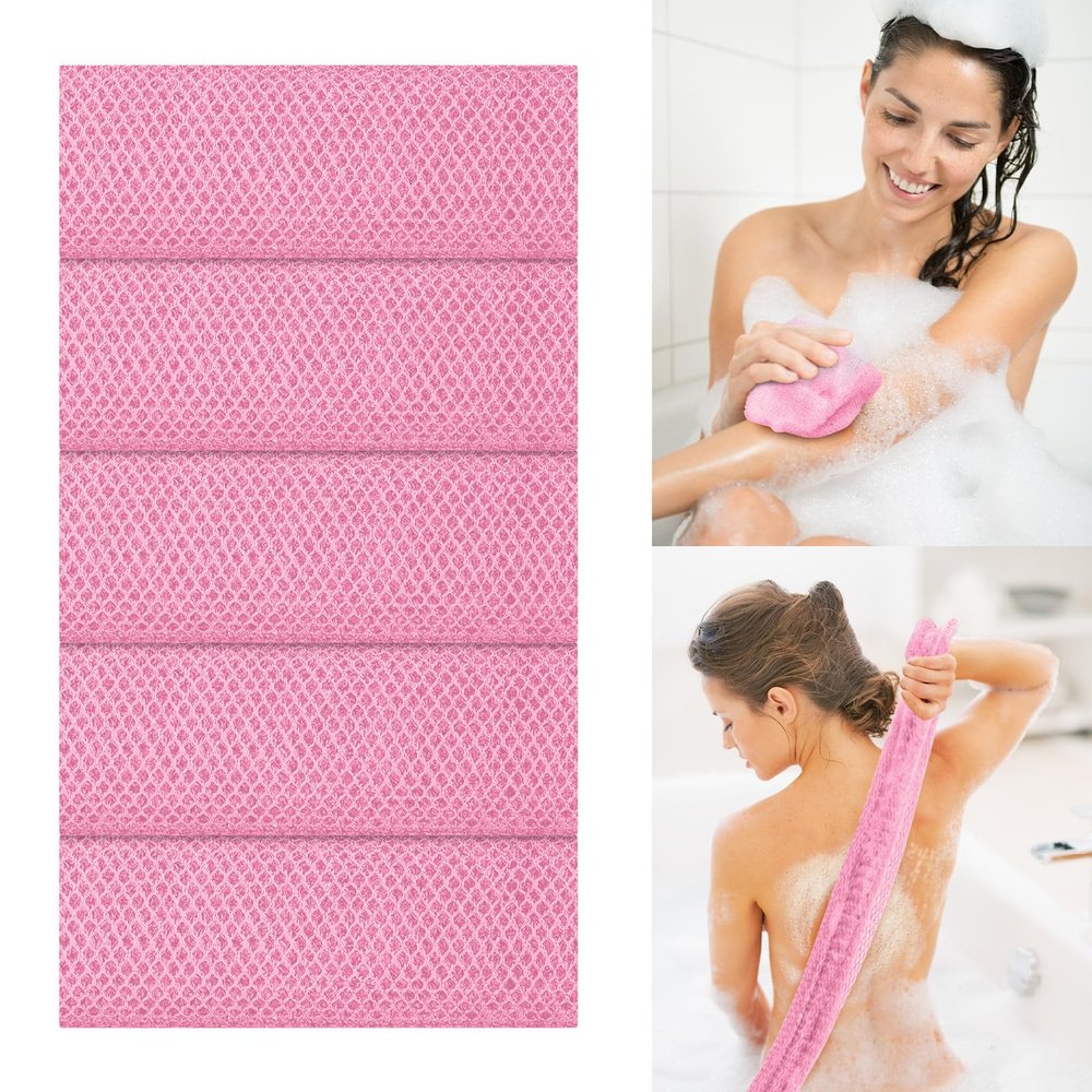 5 Pieces African Net Bath Sponge,Long Net Bath Sponge Exfoliating Shower Body Scrubber Back Scrubber Skin Smoother,Back Foot Scalp Scrub, Flat Dead Skin Remover (Pink, 30 * 80CM)