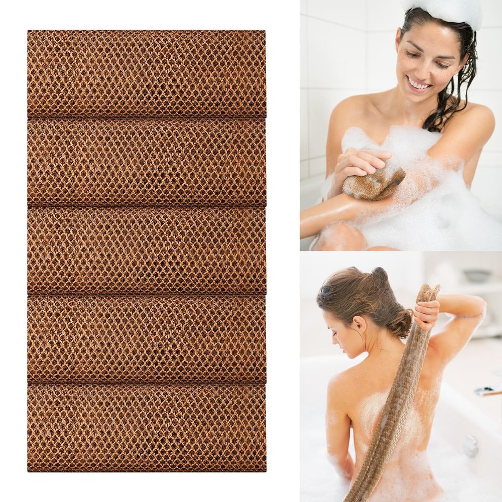 5 Pieces African Net Bath Sponge,Long Net Bath Sponge Exfoliating Shower Body Scrubber Back Scrubber Skin Smoother,Back Foot Scalp Scrub, Flat Dead Skin Remover (Coffee, 30 * 80CM)