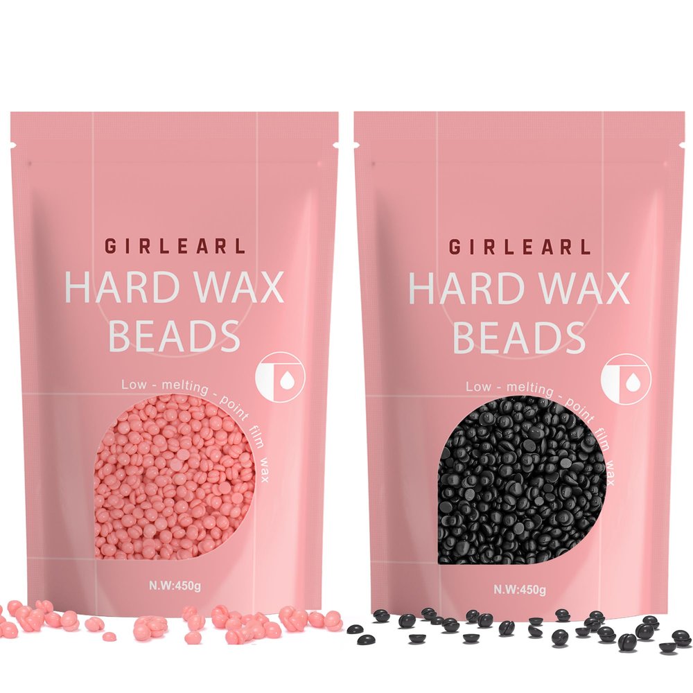GIRLEARLE 2-Pack Hard Wax Beads, 1lb Black for Coarse Hair & Sensitive Skin, 1lb Rose for Face & Body, Brazilian Bikini, Legs, Eyebrow, Facial