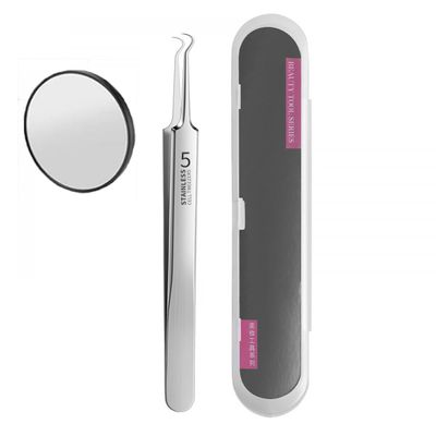 Blackhead Remover Tweezers, with Storage Case and Mirror Stainless Steel Blackhead Remover Kit, Craft Tweezers Acne Remover Tools (Hook Clip)