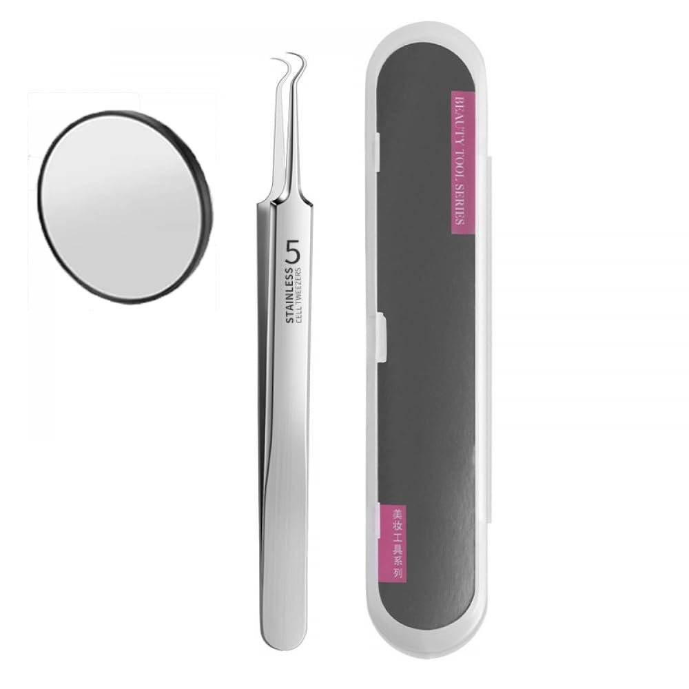 Blackhead Remover Tweezers, with Storage Case and Mirror Stainless Steel Blackhead Remover Kit, Craft Tweezers Acne Remover Tools (Hook Clip)
