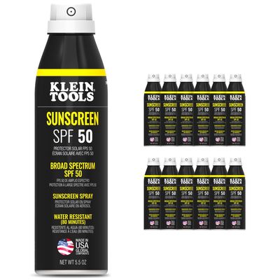 Klein Tools SPF50SPY55 Sunscreen Spray, SPF 50, 120-Minute Water-Resistant, Broad Spectrum UVA/UVB Sun Protection, Non-Greasy, 5.5 Ounce Bottle, 12-Pack