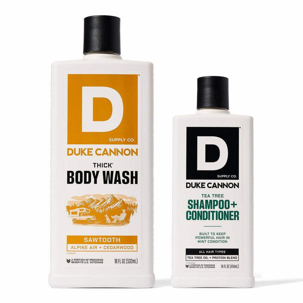 Duke Cannon Supply Co. 2-in-1 Tea Tree Hair Wash & Sawtooth Body Wash Bundle - Masculine Scent - Gentle Cleansing Hair Wash - Deep Cleaning Body Cleanser - Sawtooth Body Wash/ Tea Tree 2-1 - 2 Pack