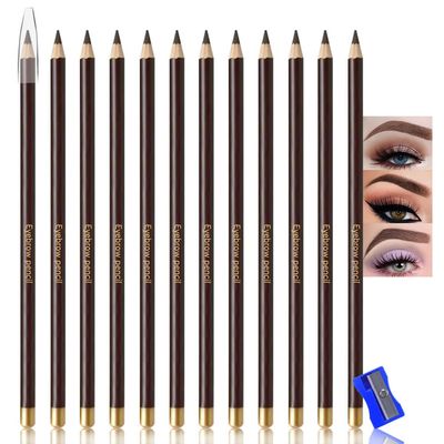 12Pcs Dark Brown Eyebrow Pencils for Women,Wooden Hard-Core Eyebrow Eyeliner Pencil,Sharpener Included,Long Lasting Waterproof Sweat-proof Create a Natural Eye Brow Makeup,Beginner Brow Pencil,Vegan