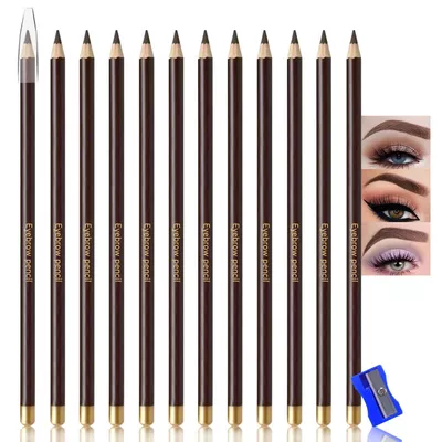 12Pcs Dark Brown Eyebrow Pencils for Women,Wooden Hard-Core Eyebrow Eyeliner Pencil,Sharpener Included,Long Lasting Waterproof Sweat-proof Create a Natural Eye Brow Makeup,Beginner Brow Pencil,Vegan