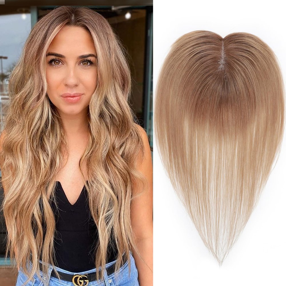 12 Inch Hair Toppers for Women Real Human Hair 360 Toppers No Bangs Upgrade Lace Base Hand Hair-Tied for Women (Ombre Brown, 12 Inch)