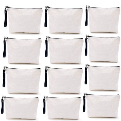 SCCFMM 20 Pack Sublimation Blanks Linen Makeup Bags With Wristband DIY Heat Transfer Print Cosmetic and Pencil Pouches, Multi-Purpose Travel Toiletry Zipper Bags for Crafting and Personalization