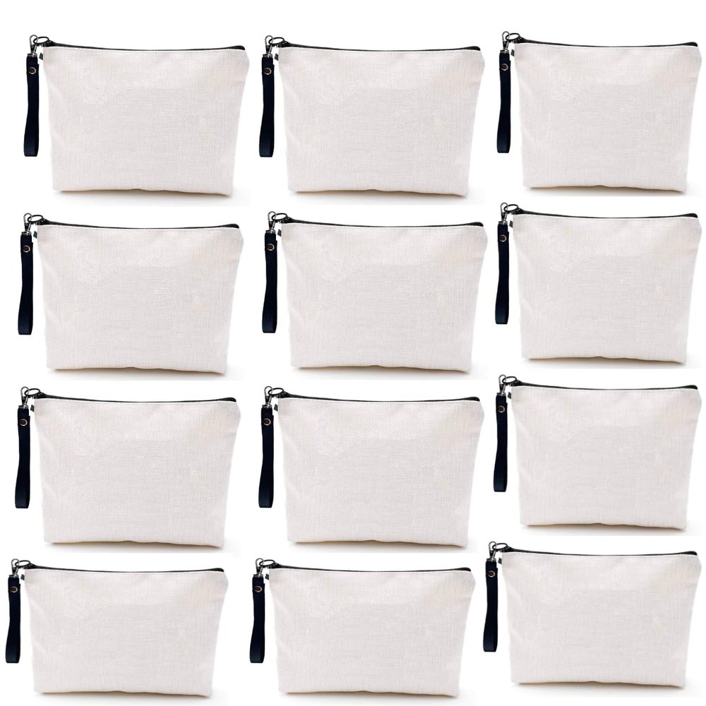 SCCFMM 20 Pack Sublimation Blanks Linen Makeup Bags With Wristband DIY Heat Transfer Print Cosmetic and Pencil Pouches, Multi-Purpose Travel Toiletry Zipper Bags for Crafting and Personalization