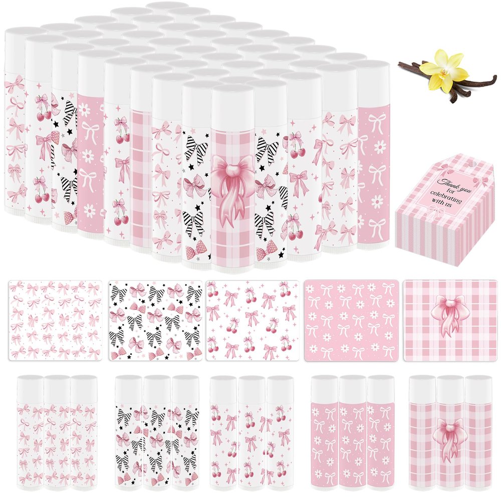 50 Pack Pink Bow Baby Shower Favors Bulk Lip Balm Girls Favors Gifts for Bachelorette Girls Pink Bow Moisturizing Lip Care Pretty lipstick Birthday Christmas Party Supplies (pink bow)