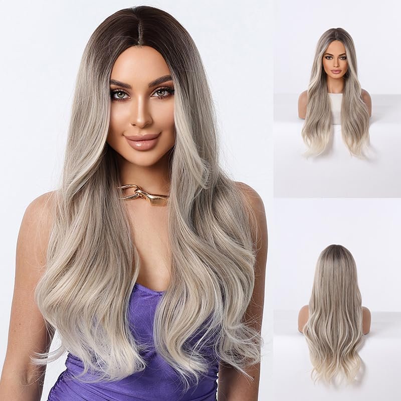 Luxclipse Blonde Lace Front Wigs Human Hair Ombre Body Wave Glueless Wig Middle Part Long Wavy Wig with Dark Roots Heat Resistant (Platinum Blonde,26 inch)