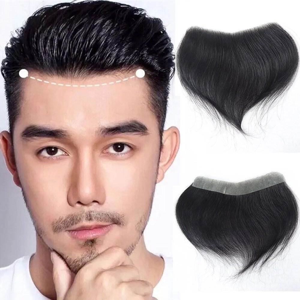 0.06mm Full PU Frontal Hairpiece For Men Toupee Natural Hairline Forehead Hair Piece Patch Invisible Seamless Ultra Thin Skin PU Human Hair Toppers Replacement Black/Brown Color (Black, 2x16inch)