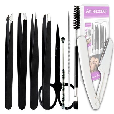 Amasodaon Tweezers Set [9+1 PCS] - Professional Stainless Steel Tweezers for Eyebrows  High-Precision Beauty Tools for Eyebrows, Facial Hair, Splinter & Ingrown Hair Removal
