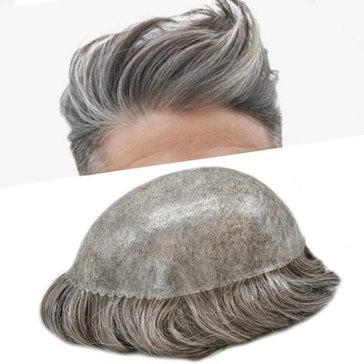 Healthlif Toupee For Men Real Human Hair Replacement System For Men Full PU Mens Hairpiece Natural Looking Mens Hair Pieces For Hair Loss Toupee 7X10#460#4 Medium Brown+60% Grey