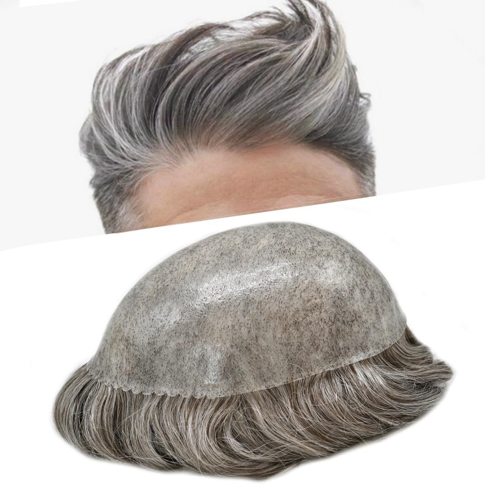 Healthlif Toupee For Men Real Human Hair Replacement System For Men Full PU Mens Hairpiece Natural Looking Mens Hair Pieces For Hair Loss Toupee 7X10#460#4 Medium Brown+60% Grey