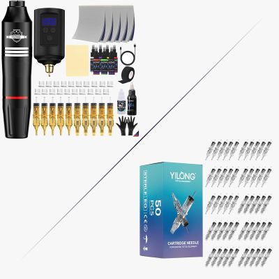 50Pcs Mixed Size #12 Round Liner Shader Magnum add Wireless Tattoo Kit for Beginners - Tattoo Machine with 1200 mAh Capacity Power Supply