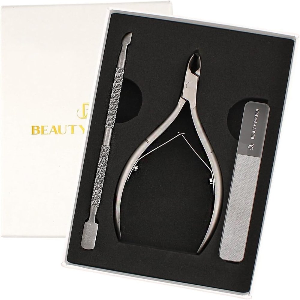 Beauty Power Cuticle Trimmer with Cuticle Pusher & Nano Nail File - Cuticle Nipper Cuticle Remover Nippers Professional Stainless Steel Clippers Pedicure Manicure Tools for Fingernails