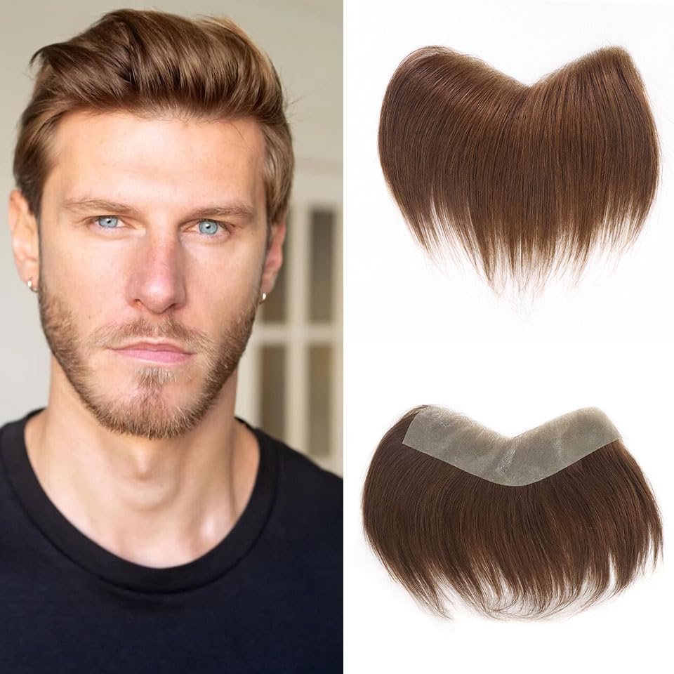 0.06mm Full PU Frontal Hairpiece For Men Toupee Natural Hairline Forehead Hair Piece Patch Invisible Seamless Ultra Thin Skin PU Human Hair Toppers Replacement Black/Brown Color (Brown, 4x18inch)