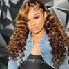 Bouncy Egg Curls Human Hair Glueless Wig Highlight Honey Blonde Mix Brown Color Wig Deep Loose Wave Invisible 13x4 HD Lace Front Wigs With Baby Hair 180 Density Remy Brazilian Hair 16 Inch view 2