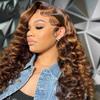 Bouncy Egg Curls Human Hair Glueless Wig Highlight Honey Blonde Mix Brown Color Wig Deep Loose Wave Invisible 13x4 HD Lace Front Wigs With Baby Hair 180 Density Remy Brazilian Hair 16 Inch view 3