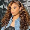 Bouncy Egg Curls Human Hair Glueless Wig Highlight Honey Blonde Mix Brown Color Wig Deep Loose Wave Invisible 13x4 HD Lace Front Wigs With Baby Hair 180 Density Remy Brazilian Hair 16 Inch view 4