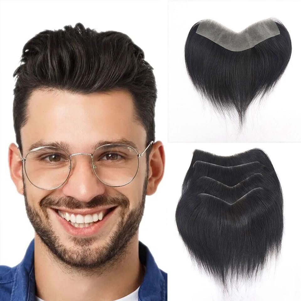 0.06mm Full PU Frontal Hairpiece For Men Toupee Natural Hairline Forehead Hair Piece Patch Invisible Seamless Ultra Thin Skin PU Human Hair Toppers Replacement Black/Brown Color (Black, 4x18inch)