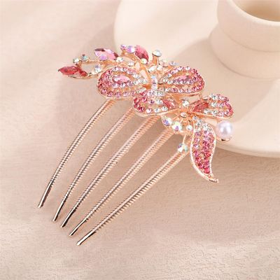 Aimimier Dainty Crystal Hair Comb Sparkly Bow Leaf Rhinestone Inlaid Hair Side Combs Vingtage Long Teeth Hair Clip Wedding Hair Accessories for Women (Pink)