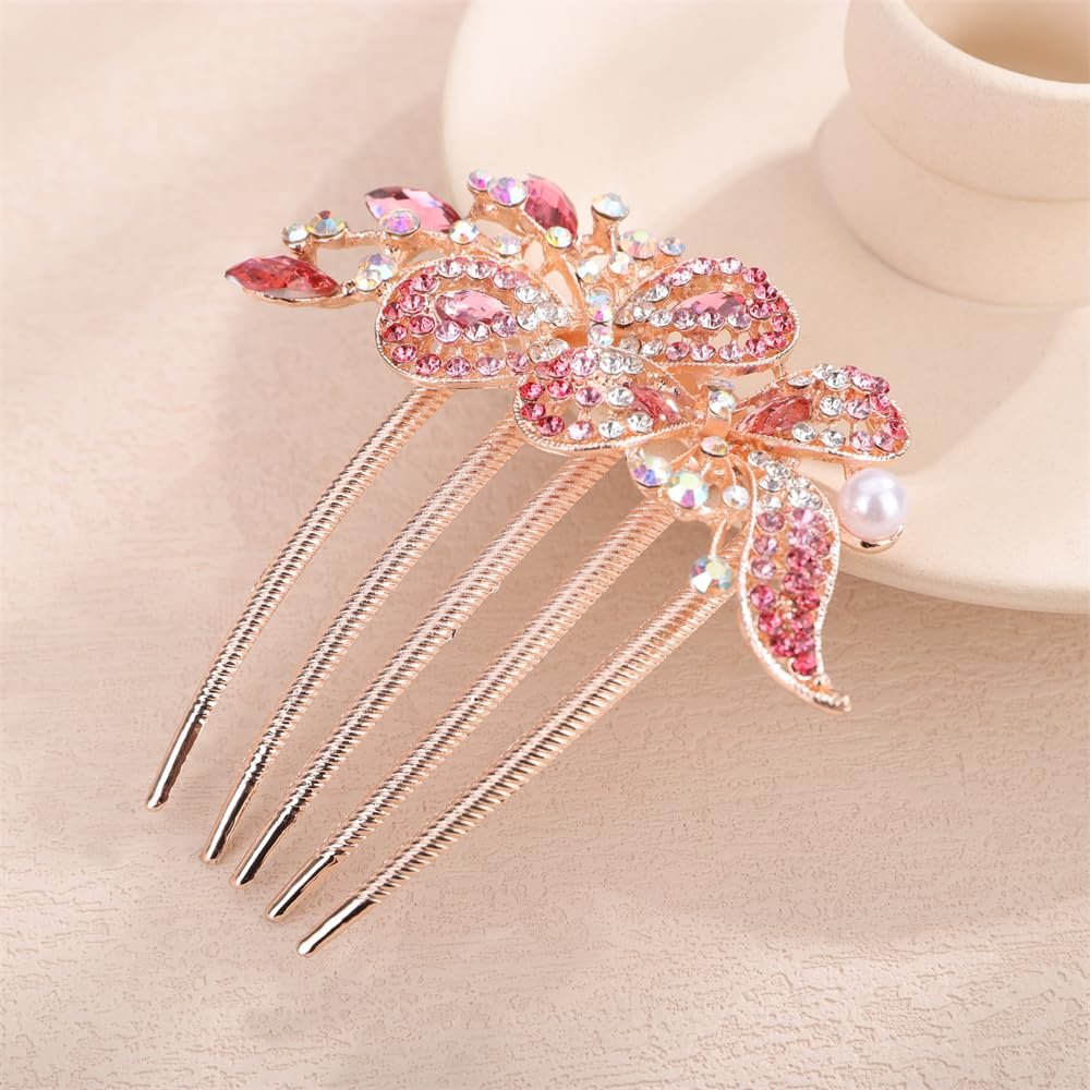 Aimimier Dainty Crystal Hair Comb Sparkly Bow Leaf Rhinestone Inlaid Hair Side Combs Vingtage Long Teeth Hair Clip Wedding Hair Accessories for Women (Pink)