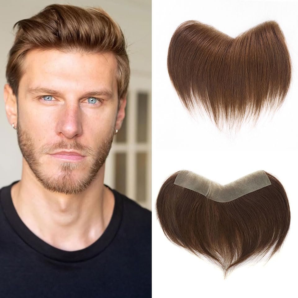 0.06mm Full PU Frontal Hairpiece For Men Toupee Natural Hairline Forehead Hair Piece Patch Invisible Seamless Ultra Thin Skin PU Human Hair Toppers Replacement Black/Brown Color (Brown, 3x16inch)