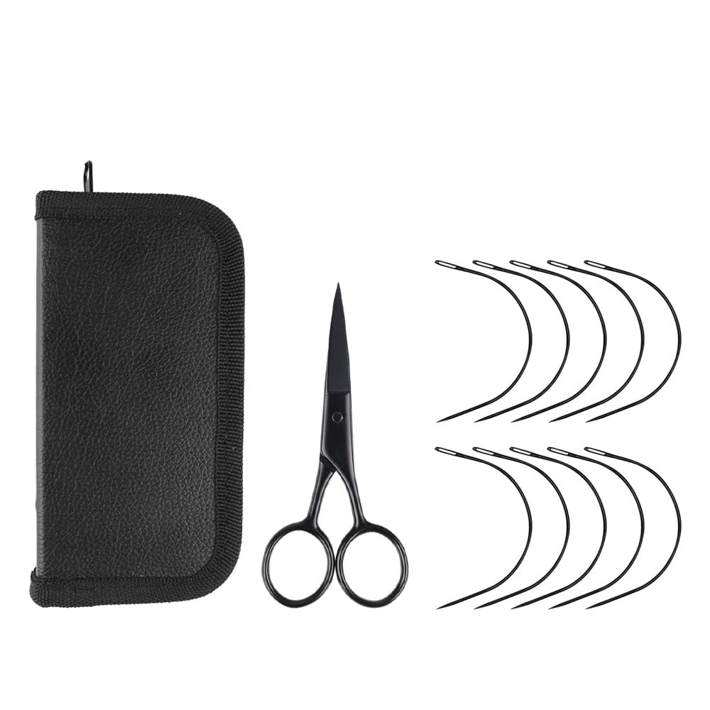 GlamorDove 10Pcs Curved Needles with Cutting Scissor Hair Curved Needles for Micro Beads Sewing Weft Extensions Hair Extensions Weaving Needles Hand Sewing Accessories Leather Canvas Repair Needles