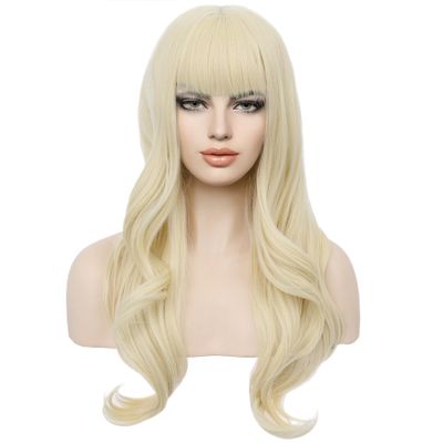 ORAVISTA Light Blonde Long Wavy Wigs Human Hair Mixed Synthetic for Women with Bangs Heat Resistant Lightweight Cosplay Daily Use