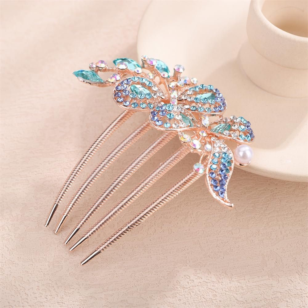 Aimimier Dainty Crystal Hair Comb Sparkly Bow Leaf Rhinestone Inlaid Hair Side Combs Vingtage Long Teeth Hair Clip Wedding Hair Accessories for Women (Blue)