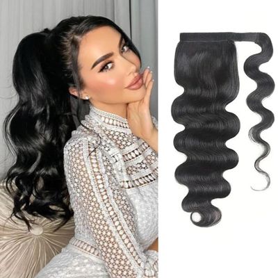 Datanala Brazilian Virgin 100% Remy Body Wave Human Hair Ponytail Extension with Magic Paste Warp Around 18Inch Body Wave Ponytail Extension Natural Color for Black Women