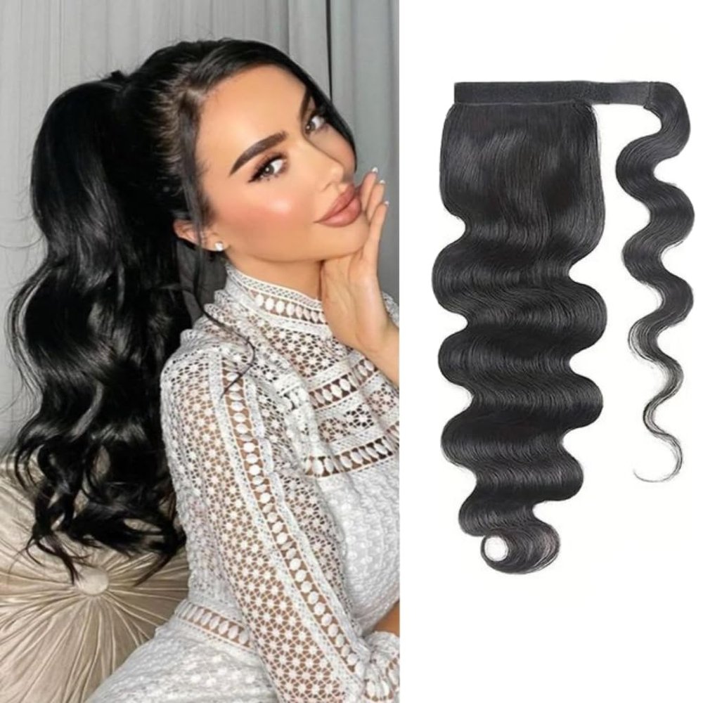Datanala Brazilian Virgin 100% Remy Body Wave Human Hair Ponytail Extension with Magic Paste Warp Around 18Inch Body Wave Ponytail Extension Natural Color for Black Women