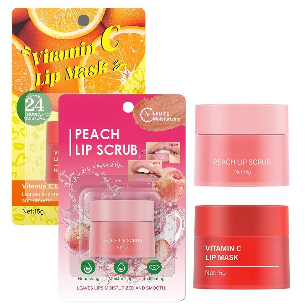 Lip Scrub and Mask Set, Lip Sleeping Mask & Lip Exfoliator, for Dark Lips, Gently Exfoliate, Polish, & Repair Dry, Flaky Lips,Lip Treatment Kit(Peaches & Vitamin C)