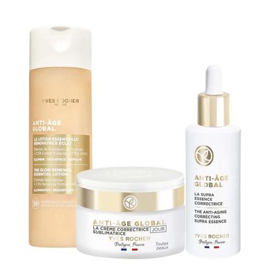 Yves Rocher Anti-Age Global Radiance Activator Lotion Skin Radiance by 75% Hydrating Face Lotion Day Care Cream and Serum Set of 3-122ml / 4.1 flOz and 50 ml./1.7 fl.oz.