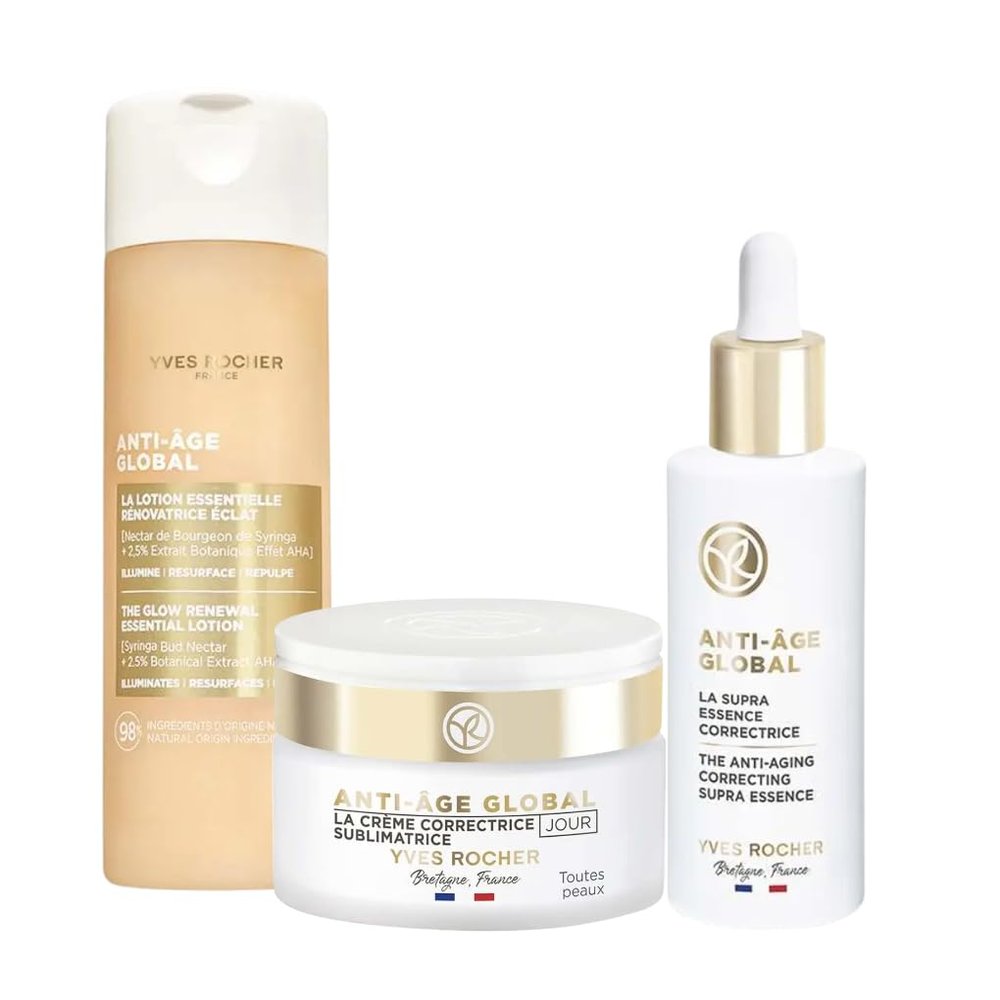 Yves Rocher Anti-Age Global Radiance Activator Lotion Skin Radiance by 75% Hydrating Face Lotion Day Care Cream and Serum Set of 3-122ml / 4.1 flOz and 50 ml./1.7 fl.oz.