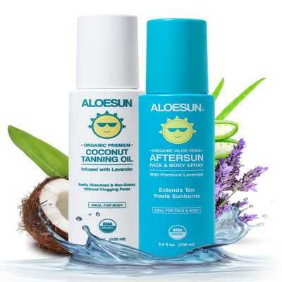 Premium Tanning Travel Size Bundle - Including Organic Coconut Tanning Oil and Organic AFTERSUN Spray