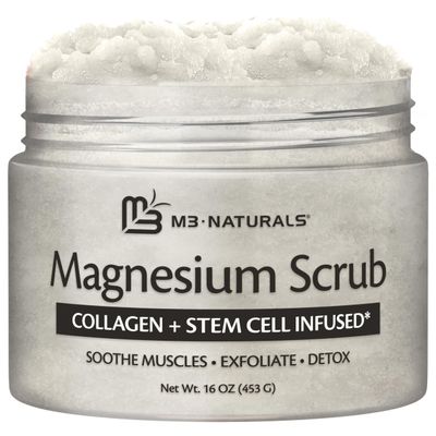 Magnesium Body Scrub for Sore Muscles, Exfoliation & Relaxation | Calming & Moisturizing Mineral-Rich Dead Sea Salt with Collagen, Stem Cell & Shea Butter, for Body, Hands & Feet, 16oz by M3 Naturals
