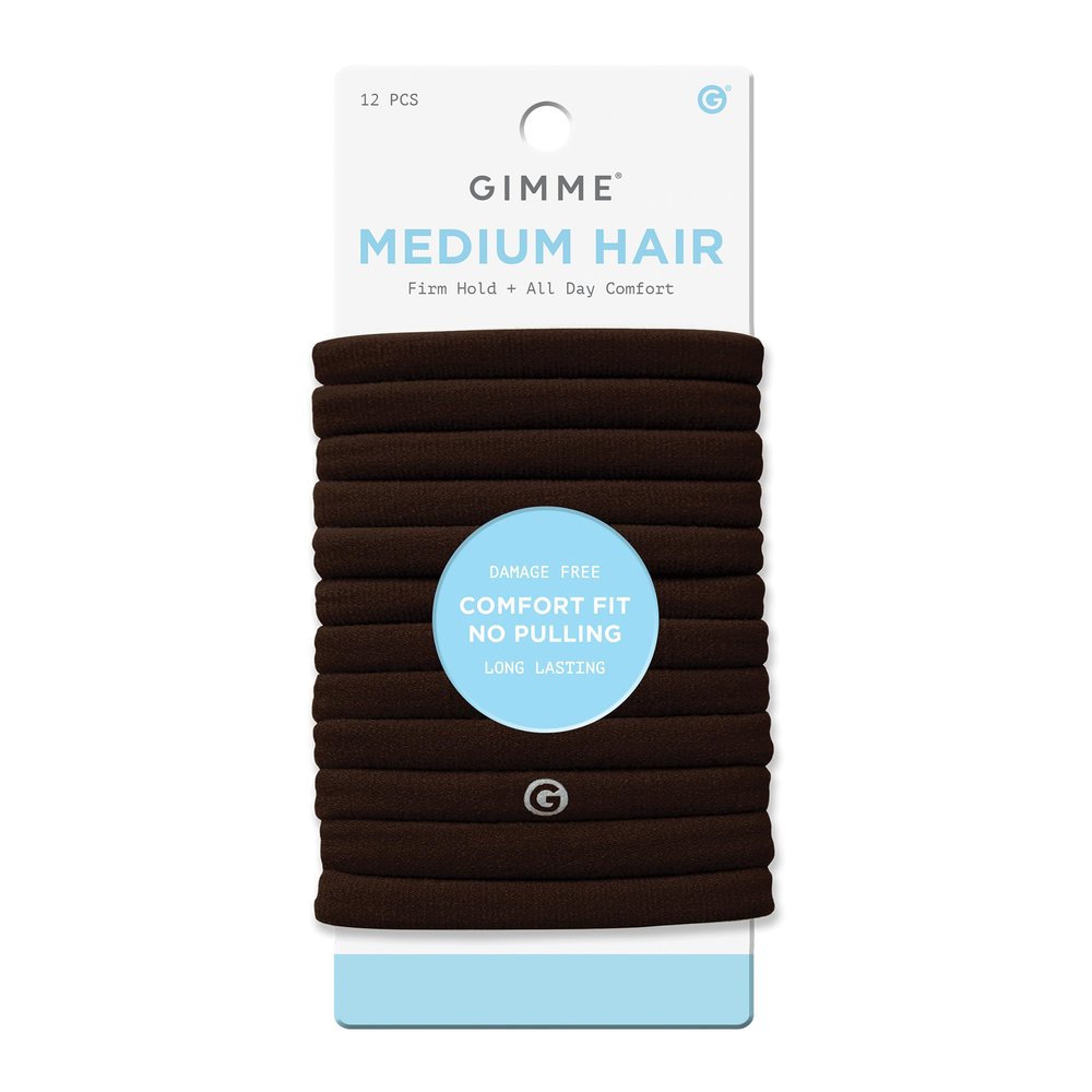 Gimme Beauty Medium Hair Bands - Patent-Pending Seamless Nylon & Spandex Ties for All Hair Types - No-Snag, Zero-Dent Ponytail Holders - Everyday-Wear Tie - Dark Brown, 12 Pack