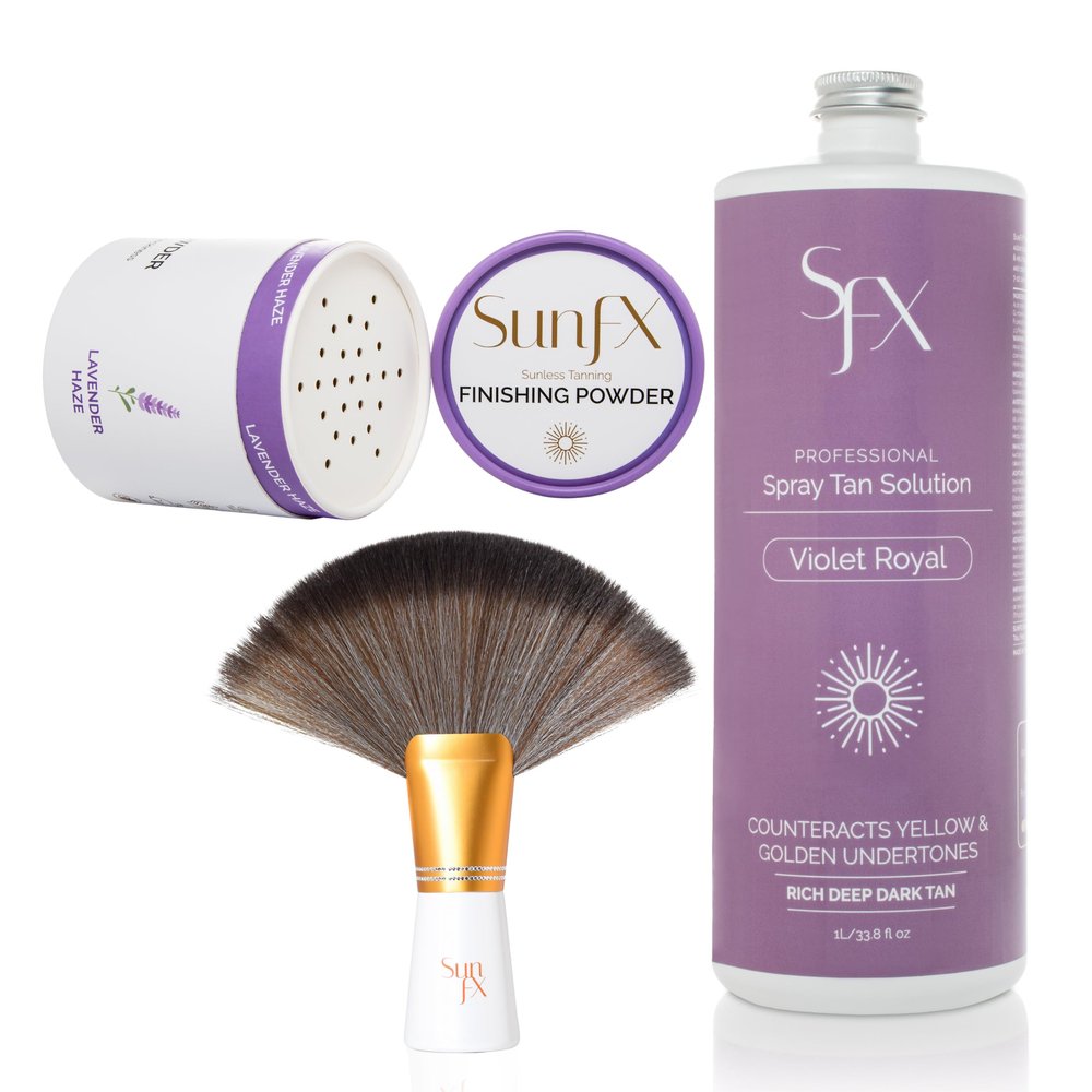SunFX Tanning Kit Violet Royal Spray Tan Solution, Finishing Powder & Fan Brush for Flawless, Streak-Free Tanning