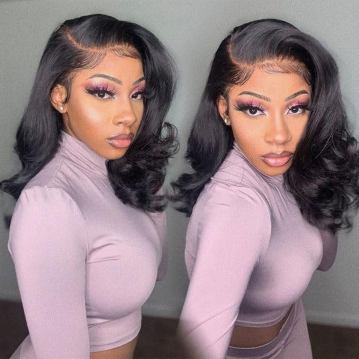 13X6 18inch 230%Density Natural Black Bob Wig Human Hair, Body Wave Wig Human Hair, Short Bob Lace Front Wigs Human Hair, Bob Wigs For Black Women, Pre Plucked With Baby Hair HD Transparent Lace