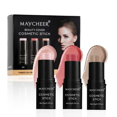 Contour Stick Makeup Set, 2025 New Face Cream Blush, Bronzer & Highlighter Stick with Makeup Brush, Long Lasting & Natural Matte Face Contouring Pen, 3 Colors (#02, 04, 06)