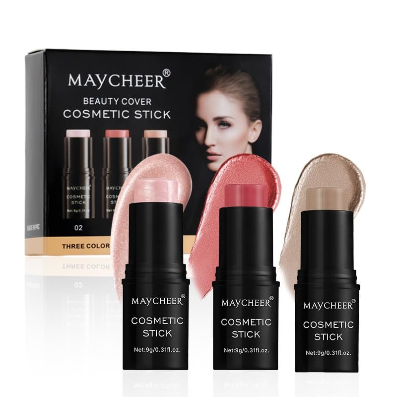 Contour Stick Makeup Set, 2025 New Face Cream Blush, Bronzer & Highlighter Stick with Makeup Brush, Long Lasting & Natural Matte Face Contouring Pen, 3 Colors (#02, 04, 06)