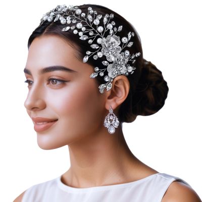 Silver Wedding Hair Comb With Crystal Flower Headpiece, 28 X 9.5 Cm, Alloy Design, Perfect For Bridal Or Party
