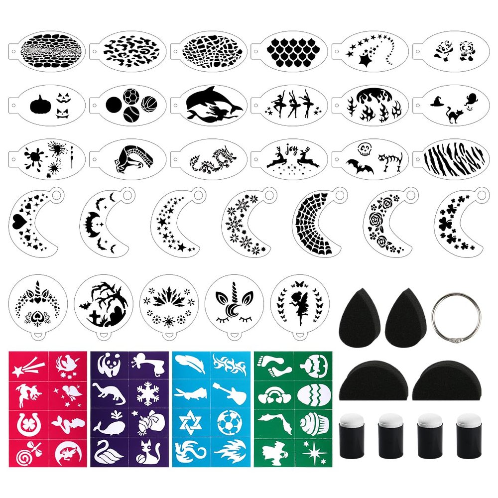 Bowitzki face Paint Stencils Kit with Sponges,30 Reusable face Paint Stencils & 32 Stencil Stickers,6 pcs sponges for Body Face Painting Halloween Christmas Makeup