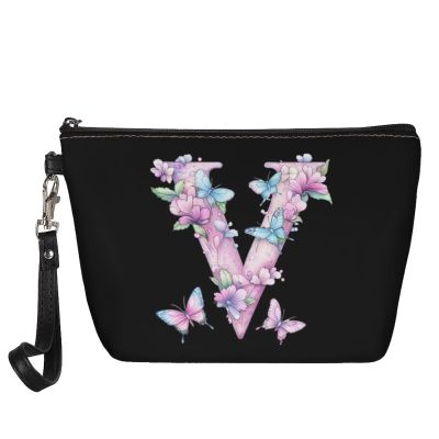Wdktrgetd Bridesmaid Proposal Gift Initial Makeup Bag with Vegan Leather, Waterproof Design & Easy-to-Clean Surface Black V