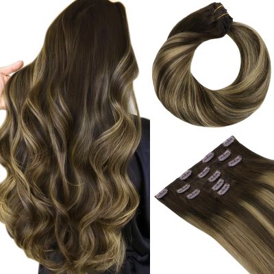 HOTBANANA Clip in Hair Extensions Real Human Hair, 5Pcs 70g 18 Inch Chocolate Brown Mixed Caramel Blonde Balayage Straight Remy Clip in Extensions